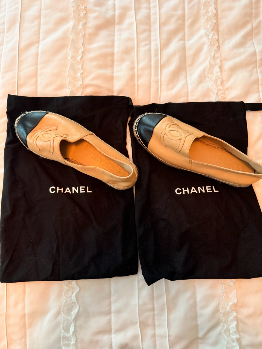 Gorgeous Chanel Nude and Black Lambskin & Espadrille Mules, Like New, Size 37
